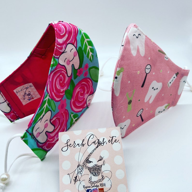 Custom Hand Made Tooth Masks in Cute Dental Prints-Cute Office Gift Ideas for Dental Hygienists, Assistants, Dentists & Front Office image 1