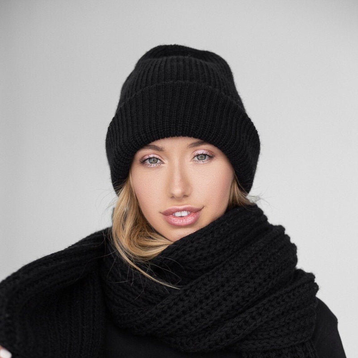 Beanie scarf set blak for women one size cozy aesthetic Etsy