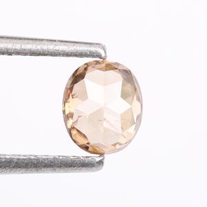 May include: A round, faceted, light brown gemstone held by tweezers. The gemstone has a slightly irregular shape and a translucent appearance.