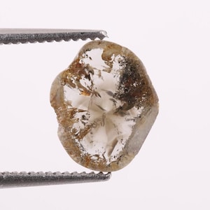 May include: A raw, translucent diamond with an irregular, rounded shape. The stone features a clear center with visible internal inclusions, dark brown and black mineral deposits, and a textured, light brown outer edge held by metal tweezers.