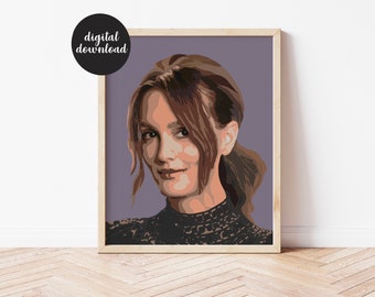May include: A digital illustration of a woman with brown hair, wearing a black mock neck shirt. The background is a light purple colour.