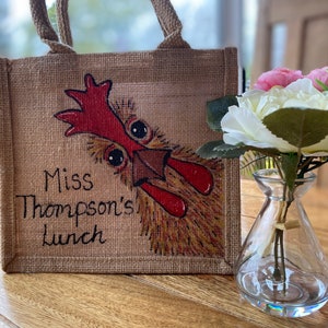 Personalised chicken jute bag. Lunch or shopper.