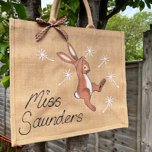 Personalised Rabbit Jute Bag: Hand-Painted Eco-Friendly Shopper