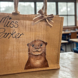Personalised otter jute bag. The perfect cute  otter themed gift for a teacher or friend . Otter class gift.