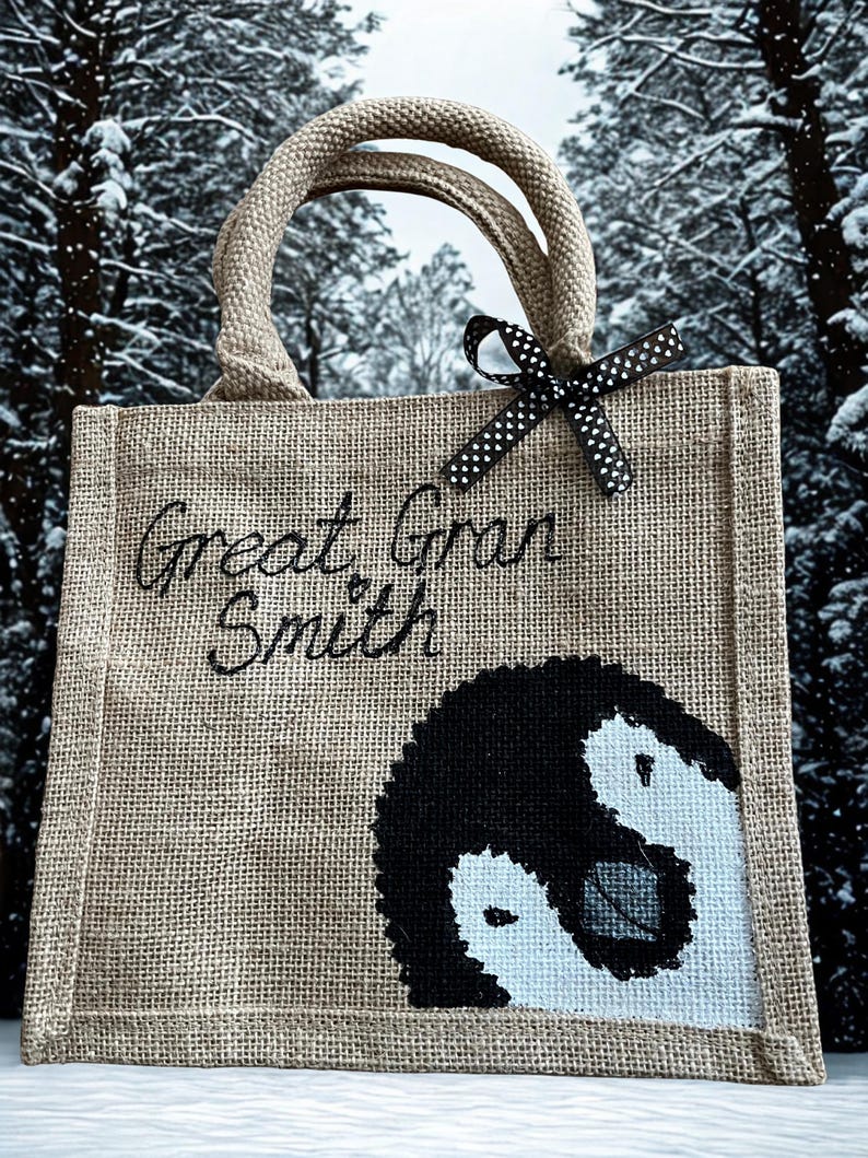 Penguin Design Personalised Jute Bag – Sustainable Custom Name Tote. Gift for Nan or penguin class image 1
