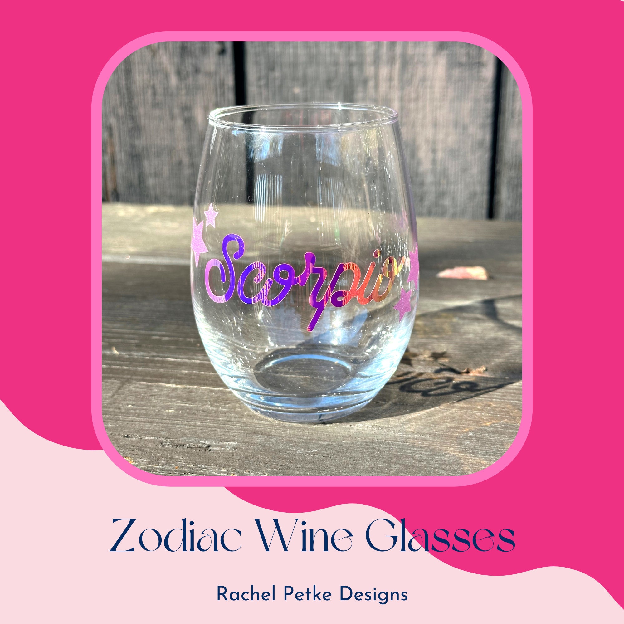 Set of 2 Zodiac Sign Wine Glasses with 2 Wooden Coasters