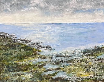 Spring on the Edge, 24X30, Encaustic Painting of ocean shore, textural seascape painting.