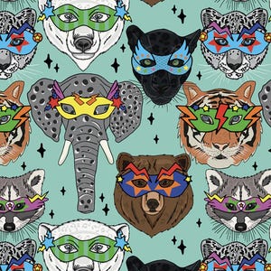 K&ouml;nnte beinhalten: Ein nahtloses Muster mit verschiedenen Tieren, die Superheldenmasken tragen. Zu den Tieren geh&ouml;ren ein Eisb&auml;r, ein Panther, ein Elefant, ein Tiger, ein B&auml;r, ein Waschb&auml;r und ein Schneeleopard. Die Masken sind alle in verschiedenen Farben und haben verschiedene Designs, darunter Sterne, Blitze und Streifen. Der Hintergrund ist hellblau.
