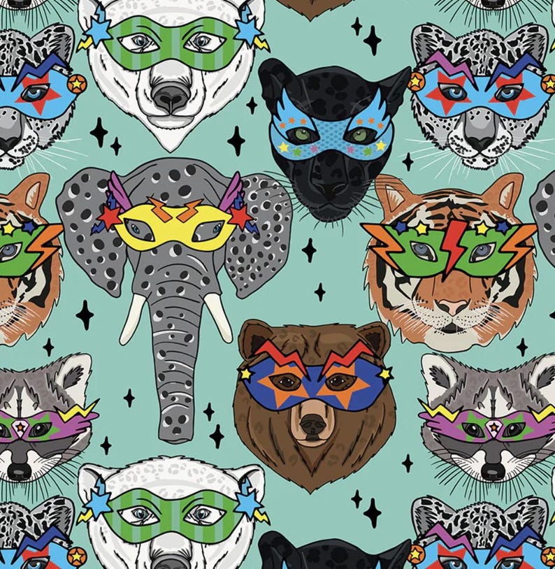 K&ouml;nnte beinhalten: Ein nahtloses Muster mit verschiedenen Tieren, die Superheldenmasken tragen. Zu den Tieren geh&ouml;ren ein Eisb&auml;r, ein Panther, ein Elefant, ein Tiger, ein B&auml;r, ein Waschb&auml;r und ein Schneeleopard. Die Masken sind alle in verschiedenen Farben und haben verschiedene Designs, darunter Sterne, Blitze und Streifen. Der Hintergrund ist hellblau.