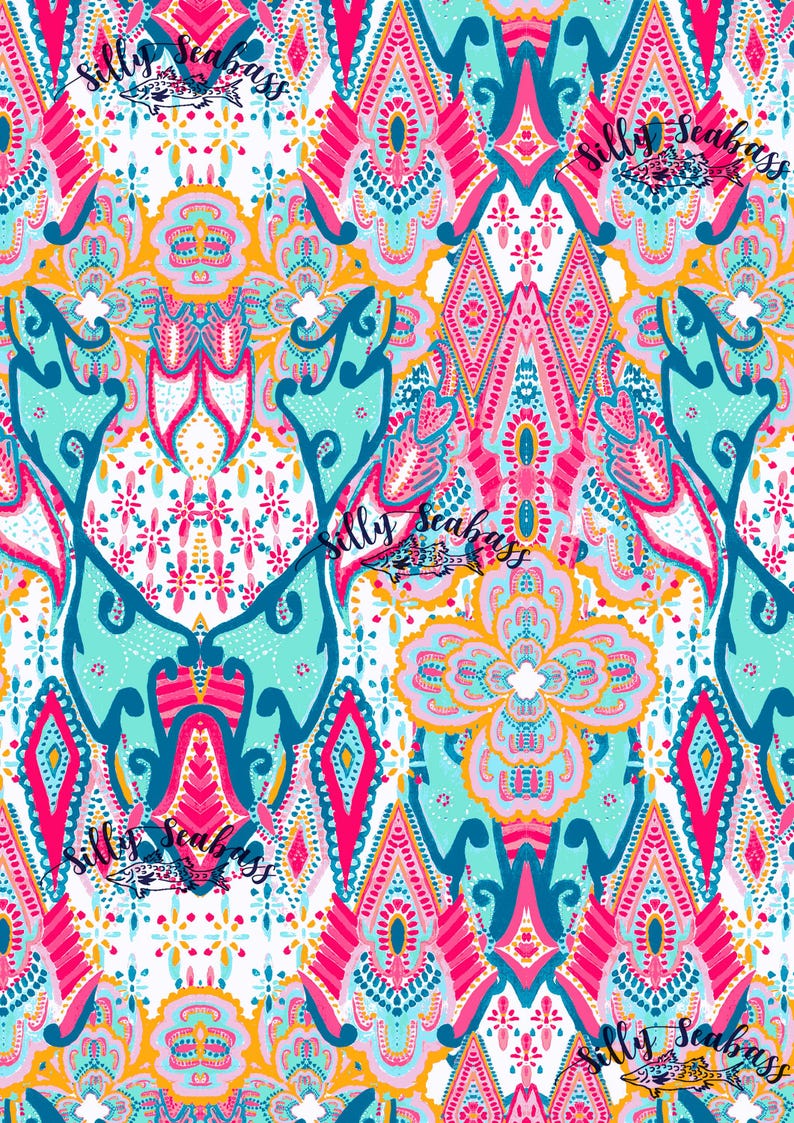 K&ouml;nnte beinhalten: Ein farbenfrohes, kompliziertes Paisley-Muster in den Farben Pink, Blau, Gelb und Wei&szlig;. Das Muster ist symmetrisch und zeigt ein sich wiederholendes Design aus floralen Motiven und geometrischen Formen.