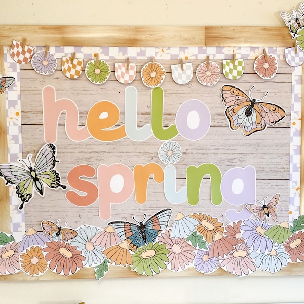 Retro Spring Themed Printable Bulletin Board or Door Display Set for Classrooms with Butterflies and Flowers