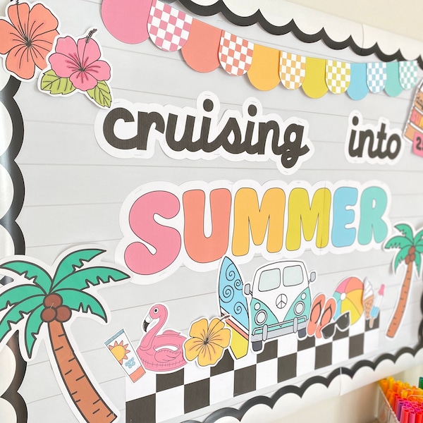 Retro Beach Themed Printable Bulletin Board or Door Display Set for Classrooms with Countdown to Summer