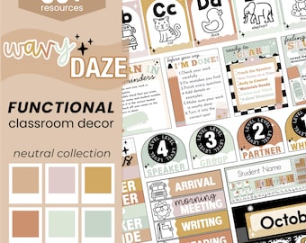 May include: A digital classroom decor bundle featuring neutral-toned educational posters, alphabet cards with animal illustrations, daily schedule labels, and student name tags. The design includes text like Wavy Daze, Growing Bundle, and October.