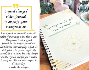 Abundance, luck, joy, success, health, and peace magnet journal. Amplifies manifestation using real crystals, shapes, colours and mantras.
