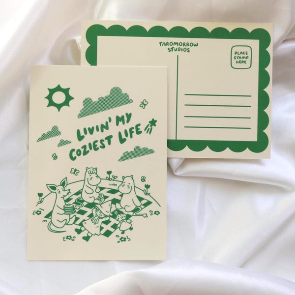 livin' my coziest life art print postcard