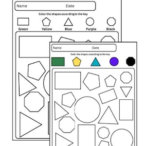 May include: Two worksheets with geometric shapes for coloring. Each sheet has a section for a name and date, and a color key with green, yellow, blue, purple, and black. The shapes include rectangles, pentagons, triangles, circles, and octagons.