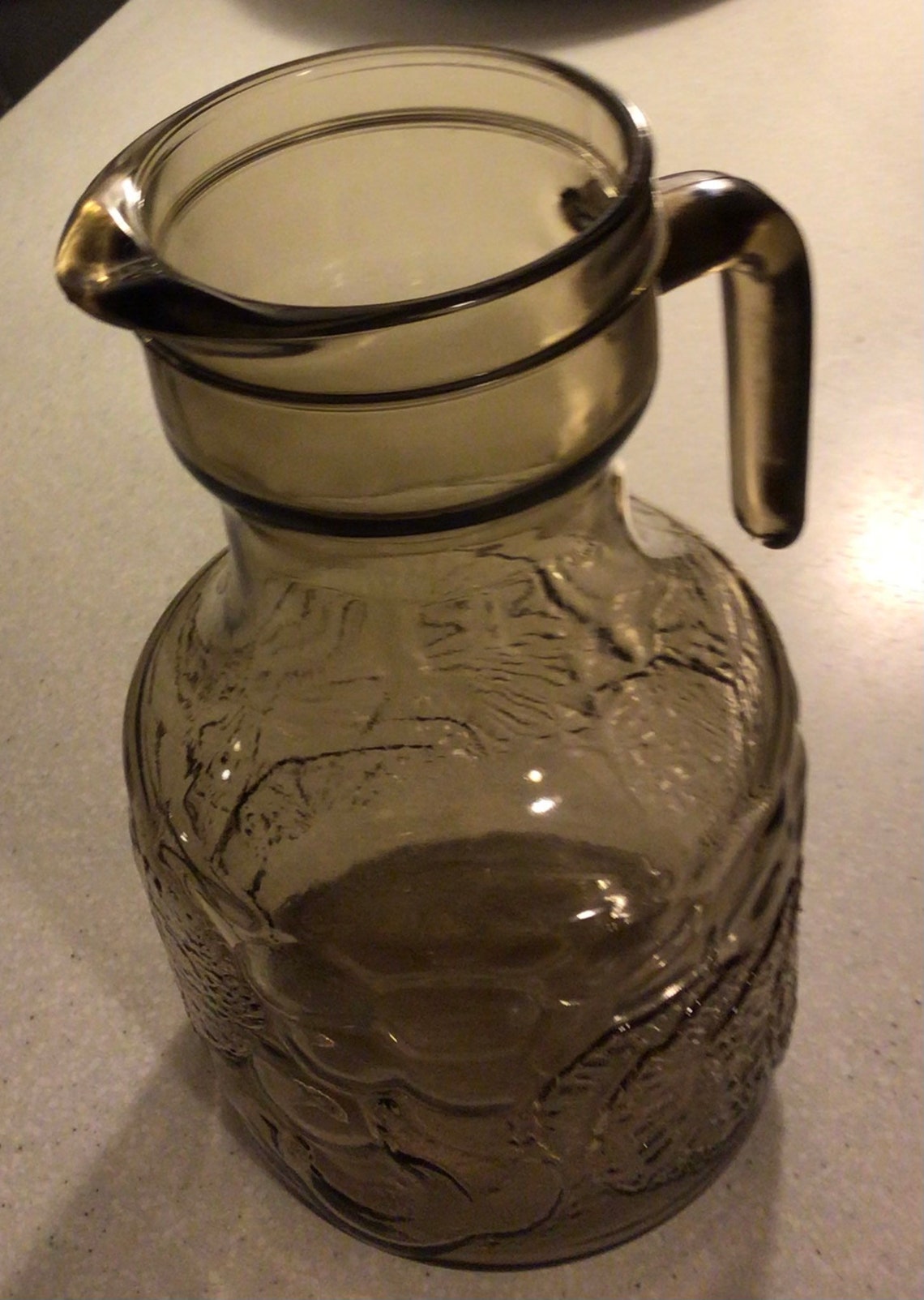 Glass Jug lemonade pitcher smokey brown glass chunky embossed Etsy
