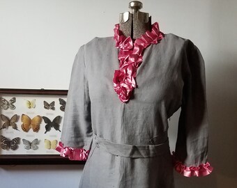 A-line Dress: 1940s Vintage-Pattern Gray Linen