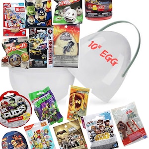 May include: A collection of various toy packages and a large white plastic egg. The packages feature characters from Avengers, Transformers, Teenage Mutant Ninja Turtles, and other popular franchises. The egg is labeled "10" EGG".