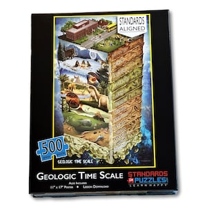 May include: A 500-piece puzzle titled "Geologic Time Scale" with a colourful illustration of Earth's geological periods. The puzzle includes an 28cm x 43cm poster and lesson download. The box is black with the words "Standards Aligned".