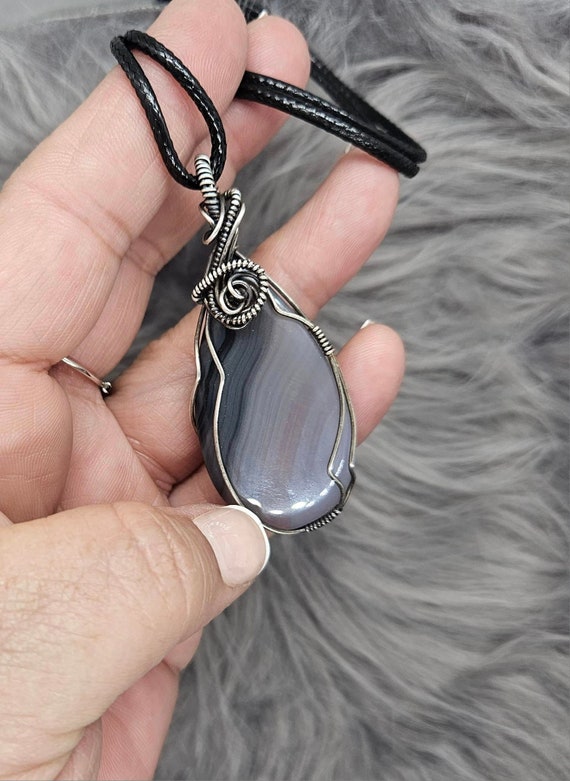 Banded Agate (Black,Grey,White) Sterling silver Hand tied Pendant