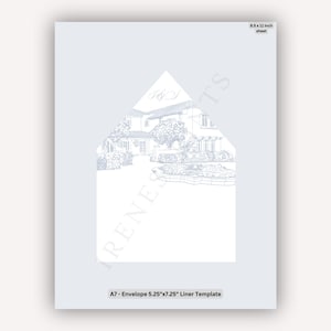May include: A7 envelope liner template featuring a detailed illustration of a house and garden in light blue. The text "RENE TS" and "A7 - Envelope 13.34cm x 18.42cm Liner Template" are visible. The sheet size is 21.59cm x 27.94cm.