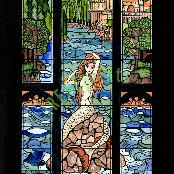 11x14in Painting Print of Mermaid Stained Glass Window