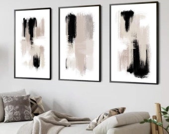 Abstract Wall art set of 3|brushstrokes |contemporary prints|Neutral abstract art|wall decor for living room| beige black minimalist popular