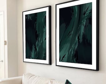 Acrylic Paint abstract Art Prints| Black dark green|lounge living room decor|teal phtalo green| textured brush strokes | set of 2| ARLO