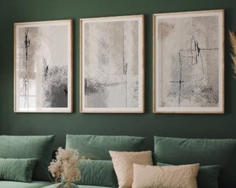 Set of 3 abstract Art Prints| Black Beige cream grey|paint brush strokes|neutral colour decor|textured art prints| classy interior decor