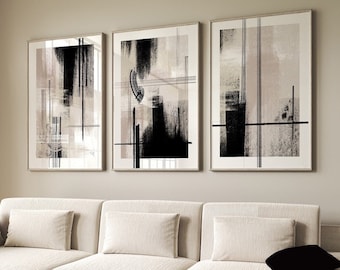 Set of 3 wall Art Prints| Neutral colours black beige | Paint brush strokes|classy elegant wall art| abstract style prints|above sofa prints