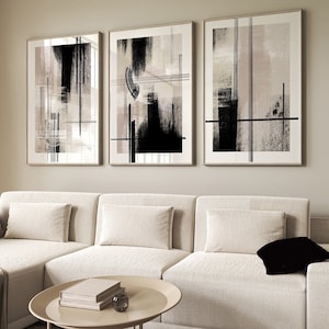Conjunto de 3 impressões de arte de parede | Cores neutras preto bege | Pinceladas de tinta | arte de parede elegante e elegante | impressões de estilo abstrato | impressões de sofá acima