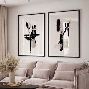 Acrylic Paint abstract Art Prints| Black Beige cream grey| Neutral decor| Natural decor | block colour brush strokes | set of 2 | AVA