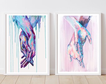 Neon Diptych Hands Art Prints – Vibrant Clasped Hands, Bright Pop Art Watercolor, Modern Couple Wall Decor, Set of 2 Framed Prints HomeDecor