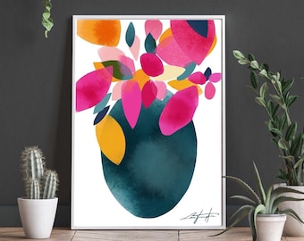 Colorful Abstract Floral Print, Modern Vase Art, Flower Wall Decor, Bold Home Decor, Housewarming Gift