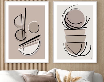 Bohemian prints, Set of 2, Mid-Century Modern, Scandinavian Style, boho style, home decor, Chinese art style, beige brown black decor