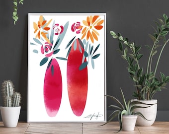 Abstract floral vase Print| tropical watercolour wall art|bright teal pink yellow|colour pop| bright decor| classy elegant modern flowers