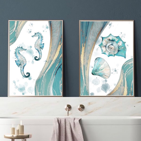 Nautical wall art decor| Marble effect art print modern art prints | ocean sea life sea horse oyster shell |Bathroom prints |turquoise gold