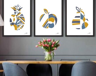Fruit wall Art Prints| blue yellow mustard prints|set of 3| Geometric |kitchen Dining room decor|apple pear pineapple decor