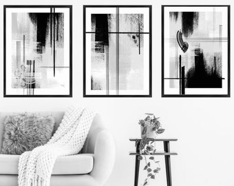 Black and white art Prints|classy room decor|Black Grey white set|above bed decor|paint brush strokes prints|set of 3 prints|modern interior