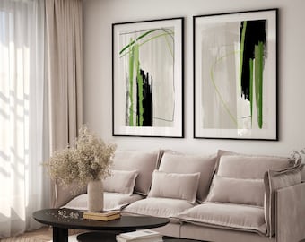 Acrylic Paint abstract Art Prints|Lime green sage| Neutral decor| Natural decor | block colour brush strokes | set of 2 | NOIR