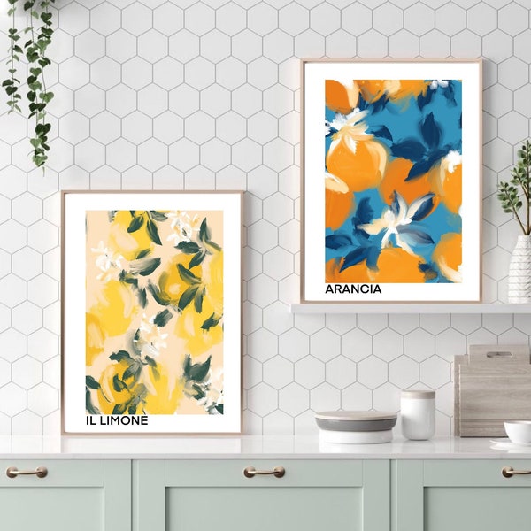 Lemon Orange Art Print| Limone | Arancia |kitchen Dining Decor | abstract art | set of2 | modern oil painting colourful citrus fruit