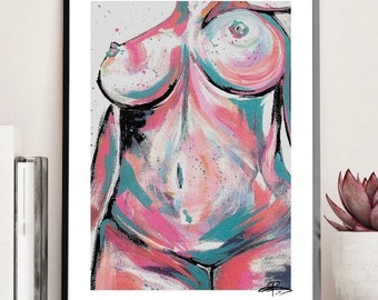 Abstract Female Body Art Print, Colorful Nude Woman Painting, Modern Feminine Wall Art, Boho Home Decor, Minimalist Line Body Poster