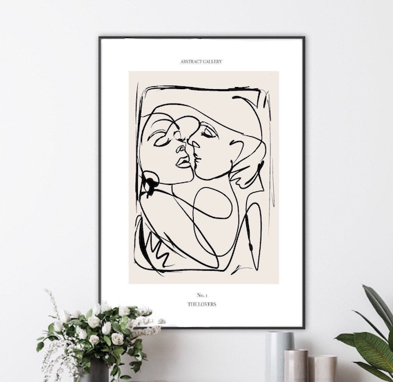 Woman line Art Print| couple kissing| Wall art decor|fashion prints| romantic prints|Beige neutral| classy elegant abstract gallery Lovers