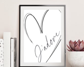 Heart line Art Print| J’adore print| Wall art decor|fashion prints| romantic prints|Black white | classy elegant gallery Wall| Handwritten