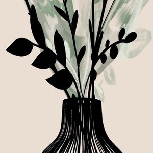 May include: A black vase with a textured design holds black leafy stems and branches. The background features soft green and white brushstrokes on a beige backdrop, creating a minimalist, artistic aesthetic.