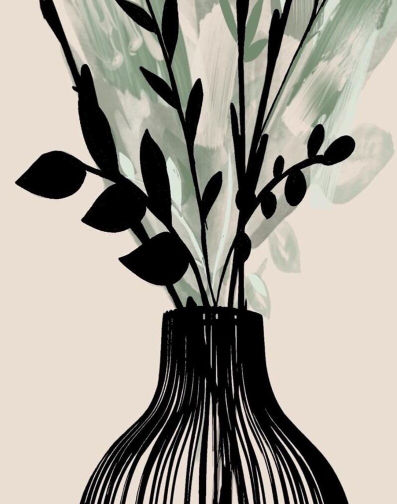 May include: A black vase with a textured design holds black leafy stems and branches. The background features soft green and white brushstrokes on a beige backdrop, creating a minimalist, artistic aesthetic.