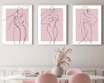 Woman Line Art, Set of 3, Blush Pink Abstract Female Prints, Modern Wall Decor, classy stylish prints, chic posters, bedroom decor, pretty