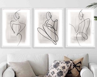 Woman body line art print| wall art decor| above bed prints | set of 3| classy elegant sexy| beige grey brushstrokes  neutral painting|