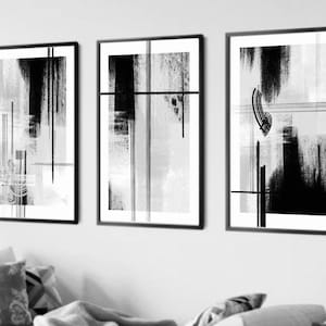 Acrylic Paint abstract Art Prints| Black Grey white | Neutral decor| Natural decor | block colour brush strokes | set of 3 | mono